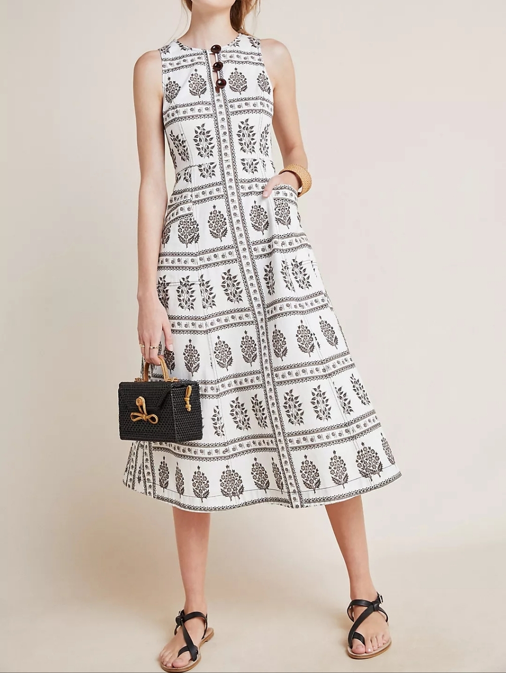 NWOT Anthro Woodblock Floral White Midi Dress - Size 10